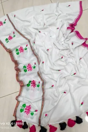 Pristine White Mul Cotton Saree with Pink Lotus Embroidery & Tassels