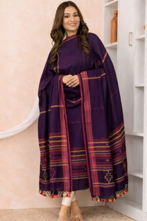 Deep Purple Handloom Bhujodi Cotton Unstitched Top & Dupatta Set