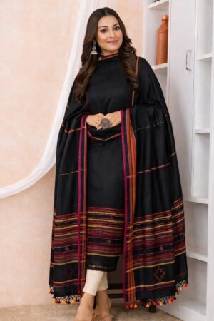 Jet Black Handloom Bhujodi Cotton Unstitched Top & Dupatta Set