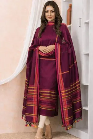 Wine Handloom Bhujodi Cotton Unstitched Top & Dupatta Set