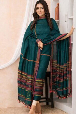 Teal Green Handloom Bhujodi Cotton Unstitched Top & Dupatta Set