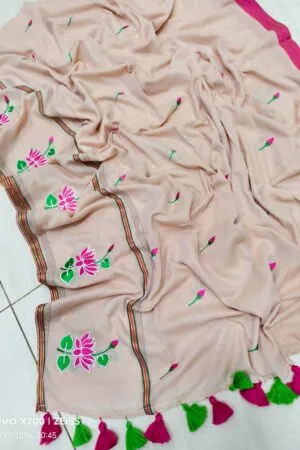 Graceful Beige Mul Cotton Saree with Pink Lotus Embroidery & Tassels