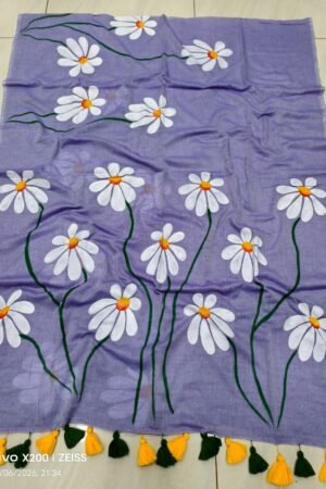 Serene Lavender Mul Cotton Saree with Hand-Painted Daisy Ar