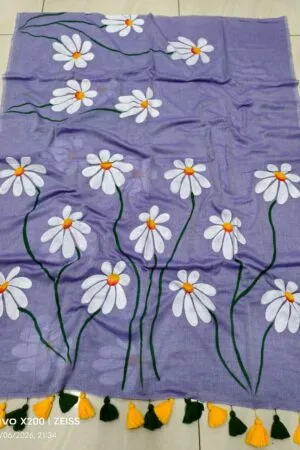 Serene Lavender Mul Cotton Saree with Hand-Painted Daisy Ar