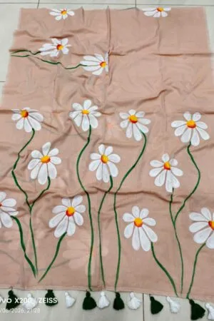 Elegant Peach-Tan Mul Cotton Saree with Hand-Painted Daisy Art