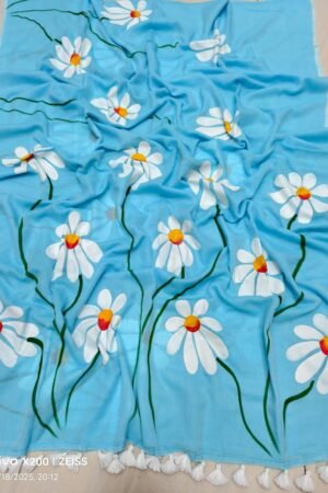 Sky Blue Mul Cotton Saree with Hand-Painted Daisy Florals & White Tassels