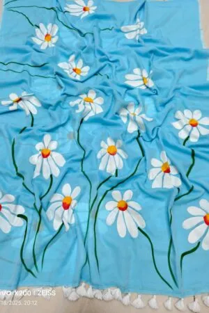 Sky Blue Mul Cotton Saree with Hand-Painted Daisy Florals & White Tassels