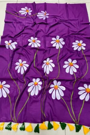 Regal Purple Mul Cotton Saree with Hand-Painted White Daisy Florals
