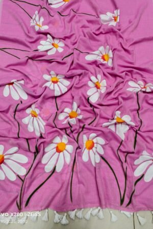 Magenta Pink Mul Cotton Saree with Hand-Painted White Daisy Florals