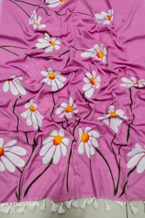 Magenta Pink Mul Cotton Saree with Hand-Painted White Daisy Florals