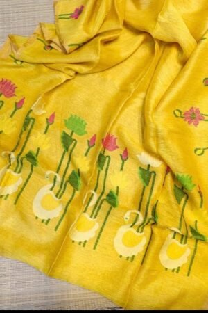 Radiant Yellow Silk Linen Saree with Handloom Floral and Swan Motifs