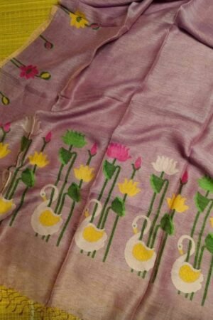 Royal Lavender Silk Linen Saree with Handloom Floral and Swan Motifs
