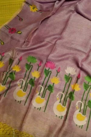 Royal Lavender Silk Linen Saree with Handloom Floral and Swan Motifs