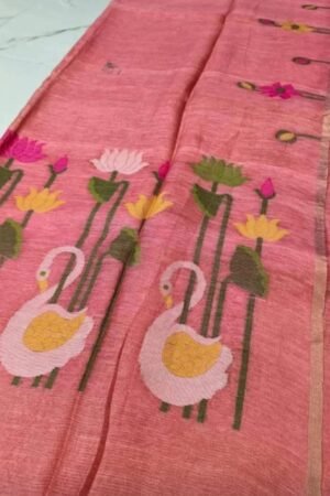 Elegant Peach-Pink Silk Linen Saree with Handloom Swan & Lotus Artistry