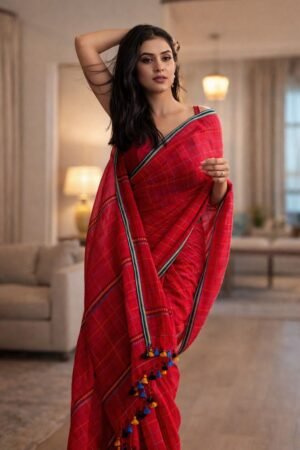 Elegant Ruby Red Pure Cotton Handloom Kantha Stitch Saree