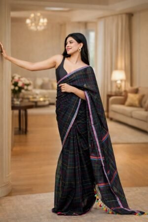 Midnight Black Handloom Cotton Kantha Stitch Saree with Red Accents