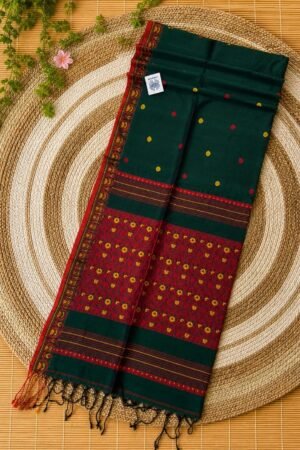 Authentic Handloom Cotton Khadi Baluchuri Saree in Bottle Green and Red