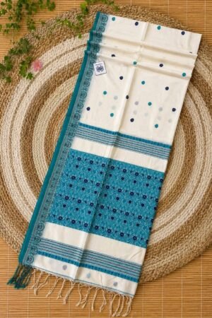 Premium Cotton Khadi Baluchuri Saree in Ivory and Teal Blue