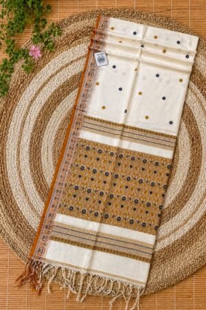Authentic Handloom Cotton Khadi Baluchuri Saree in Ivory and Mustard