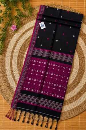 Authentic Handloom Cotton Khadi Baluchuri Saree in Midnight Black and Magenta