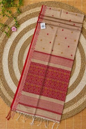 Authentic Handloom Cotton Khadi Baluchuri Saree in Beige and Red
