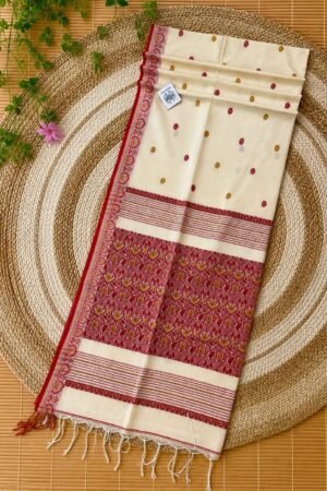 Authentic Handloom Cotton Khadi Baluchuri Saree in Ivory and Red