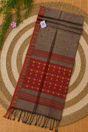 Authentic Handloom Cotton Khadi Baluchuri Saree in Charcoal Grey and Red
