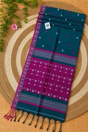 Authentic Handloom Cotton Khadi Baluchuri Saree in Deep Teal and Magenta
