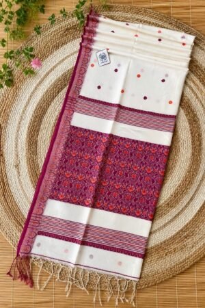 Authentic Premium Cotton Khadi Baluchuri Saree in Ivory and Wine