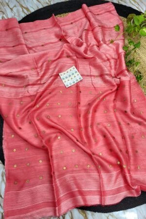 Peach Pink Matka Silk Saree with Golden Gini Work