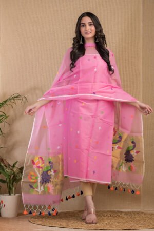 Onion Pink Muslin Paithani Top & Dupatta Set (UNSTITCHED)