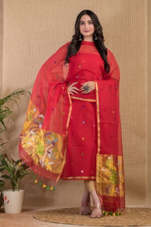 Crimson Red Muslin Paithani Top & Dupatta Set (UNSTITCHED)