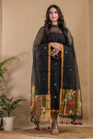 Classic Black Muslin Paithani Top & Dupatta Set (UNSTITCHED)