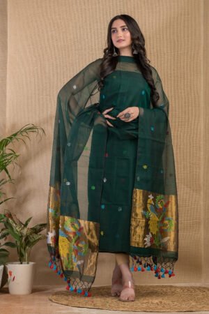 Emerald Green Muslin Paithani Top & Dupatta Set (UNSTITCHED)