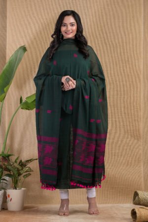 Forest Green Pure Cotton Handloom Salwar Suit Set