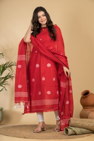Premium Crimson Red Pure Handloom Cotton Unstitched Salwar Suit Set