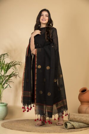Premium Midnight Black Pure Cotton Unstitched Salwar Suit Set with Gold Woven Dupatta
