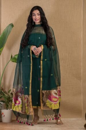 Premium Muslin Paithani Top Dupatta Set | Unstitched Luxury