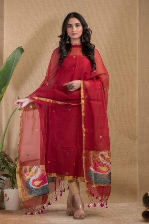 Premium Muslin Paithani Top Dupatta Set | Unstitched Luxury