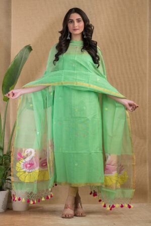 Premium Muslin Paithani Top Dupatta Set | Unstitched Luxury