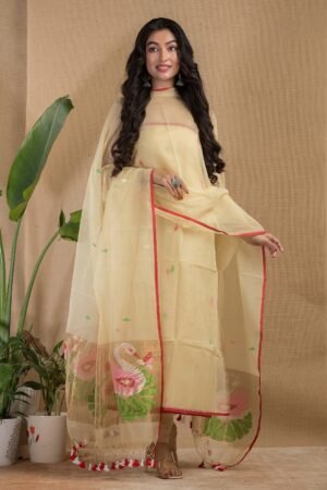 Premium Muslin Paithani Top Dupatta Set | Unstitched Luxury