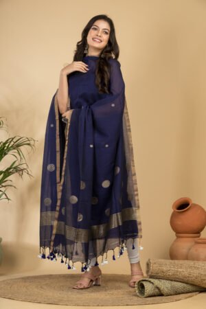 Premium Navy Blue Pure Handloom Cotton Unstitched Salwar Suit Set with Zari Dupatta