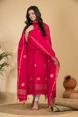 Premium Rani Pink Pure Handloom Cotton Unstitched Salwar Suit Set with Gold Zari Dupatta