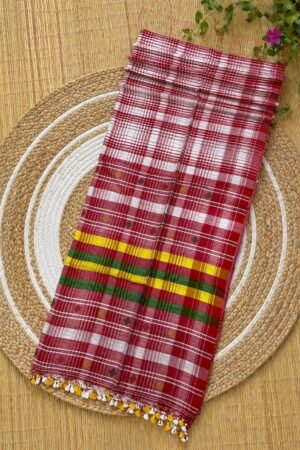 Exclusive Red & White Pure Cotton Handloom Bhujodi Saree with Running Blouse Piece