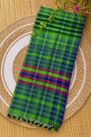 Exclusive Parrot Green & Royal Blue Pure Cotton Handloom Bhujodi Saree with Running Blouse Piece