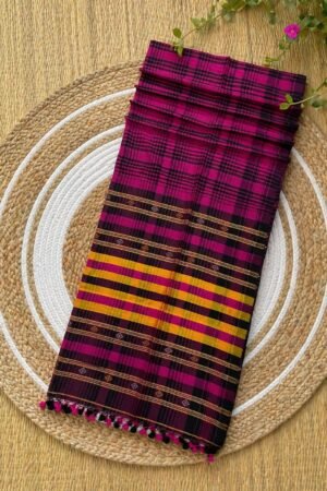 Magenta & Yellow Checked Pure Handloom Cotton Saree with Traditional Borders