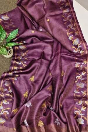 Deep Plum Wine Tissue Tussar Banarasi Saree with Zari Floral Border