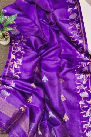 Royal Purple Tissue Tussar Banarasi Saree with Zari Floral Border