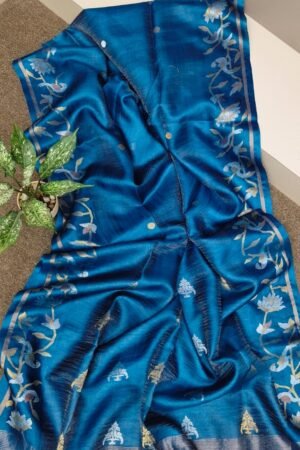 Peacock Blue Tissue Tussar Banarasi Saree with Zari Floral Border