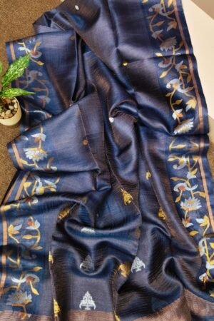 Midnight Navy Blue Tissue Tussar Banarasi Saree with Zari Floral Border